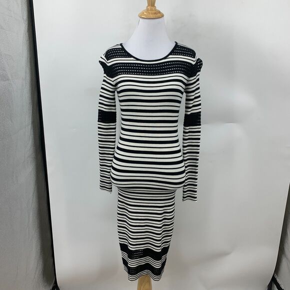 Cache Sweater Dress Womens XS Nautical Striped Stretchy Knit Bodycon Perforated - Picture 2 of 11